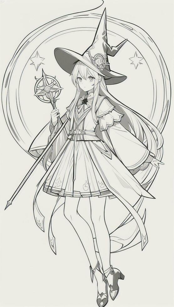 AI generated Anime Wizard Girl Line Art Drawing Sketch Black and White Simple Background photo