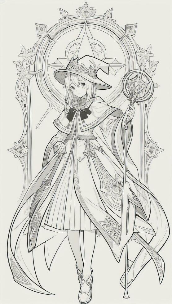 AI generated Anime Wizard Girl Line Art Drawing Sketch Black and White Simple Background photo