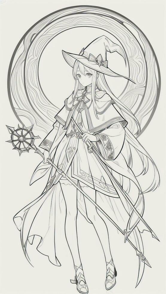 AI generated Anime Wizard Girl Line Art Drawing Sketch Black and White Simple Background photo