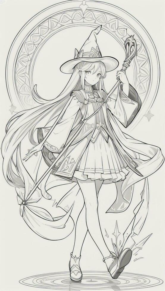 AI generated Anime Wizard Girl Line Art Drawing Sketch Black and White Simple Background photo