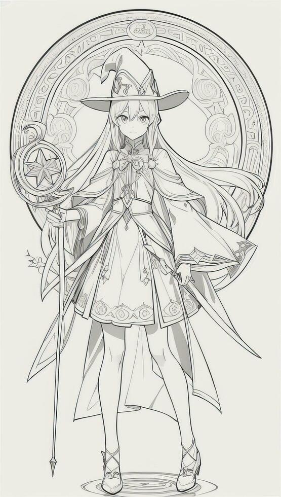 AI generated Anime Wizard Girl Line Art Drawing Sketch Black and White Simple Background photo