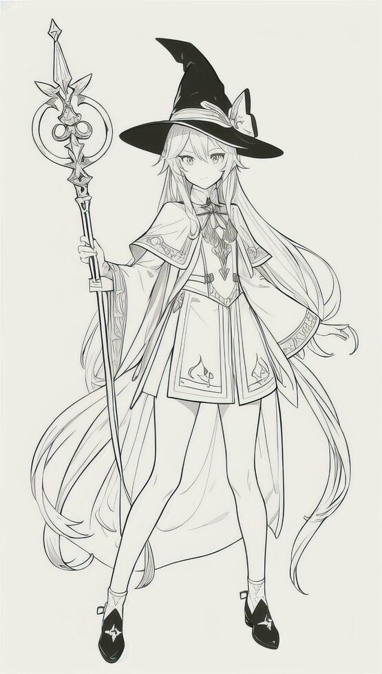 AI generated Anime Wizard Girl Line Art Drawing Sketch Black and White Simple Background photo