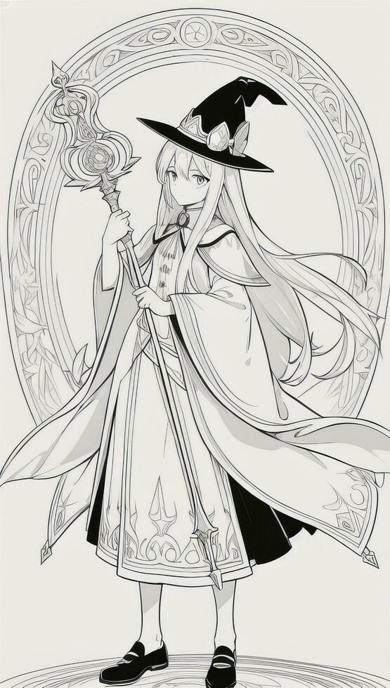 AI generated Anime Wizard Girl Line Art Drawing Sketch Black and White Simple Background photo