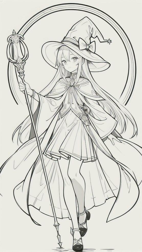 AI generated Anime Wizard Girl Line Art Drawing Sketch Black and White Simple Background photo