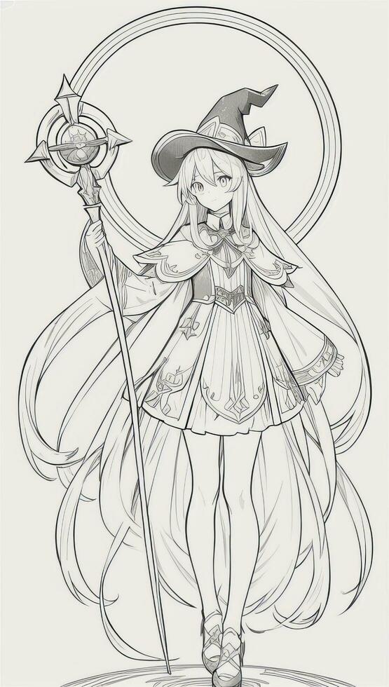 AI generated Anime Wizard Girl Line Art Drawing Sketch Black and White Simple Background photo