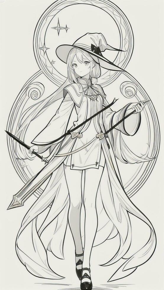 AI generated Anime Wizard Girl Line Art Drawing Sketch Black and White Simple Background photo