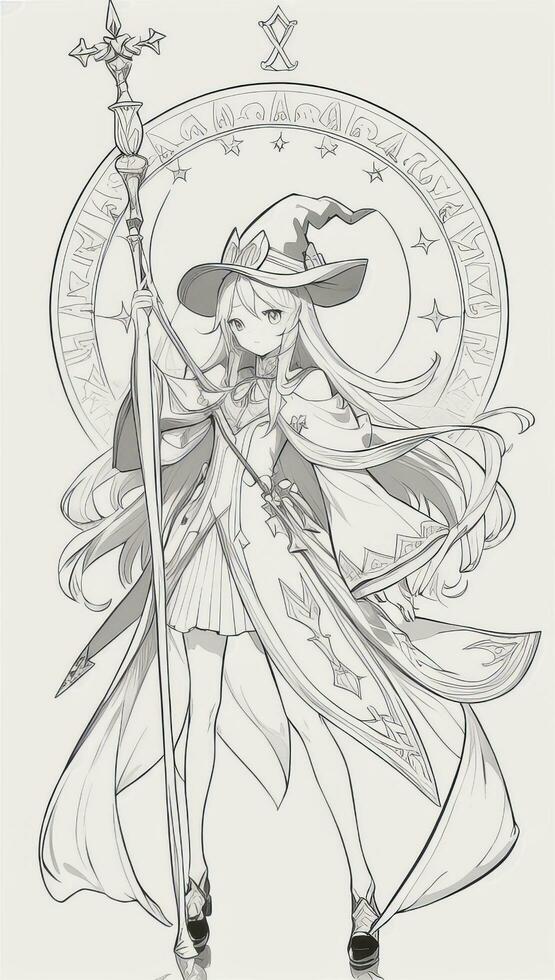 AI generated Anime Wizard Girl Line Art Drawing Sketch Black and White Simple Background photo