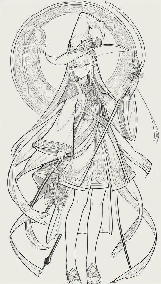 AI generated Anime Wizard Girl Line Art Drawing Sketch Black and White Simple Background photo