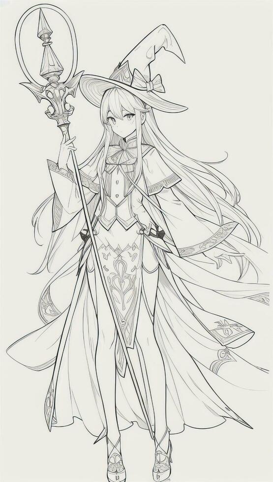 AI generated Anime Wizard Girl Line Art Drawing Sketch Black and White Simple Background photo