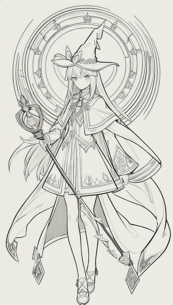 AI generated Anime Wizard Girl Line Art Drawing Sketch Black and White Simple Background photo