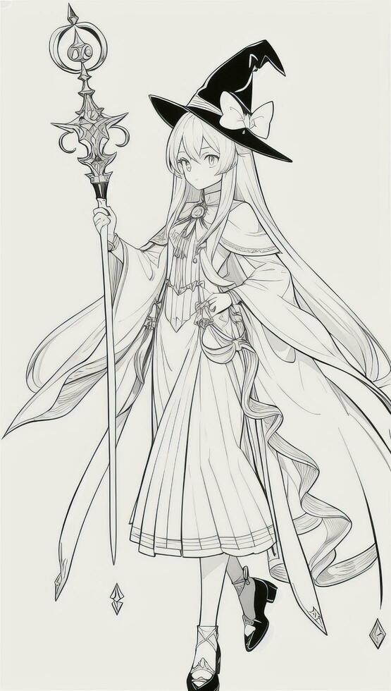 AI generated Anime Wizard Girl Line Art Drawing Sketch Black and White Simple Background photo