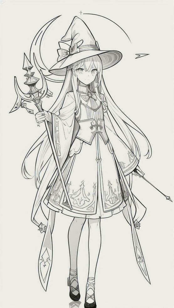 AI generated Anime Wizard Girl Line Art Drawing Sketch Black and White Simple Background photo