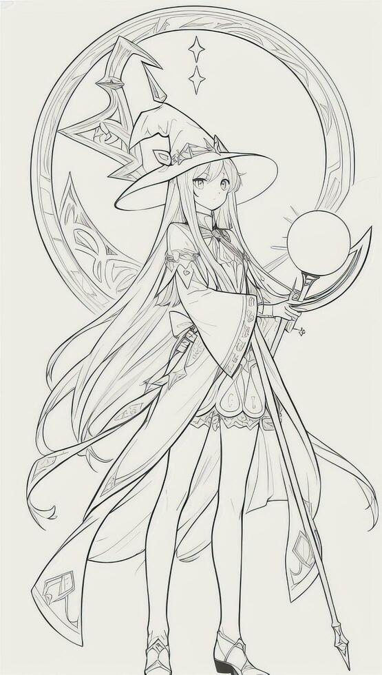 AI generated Anime Wizard Girl Line Art Drawing Sketch Black and White Simple Background photo