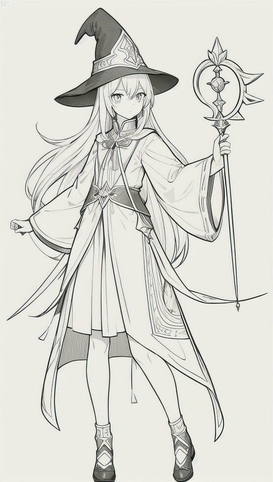 AI generated Anime Wizard Girl Line Art Drawing Sketch Black and White Simple Background photo