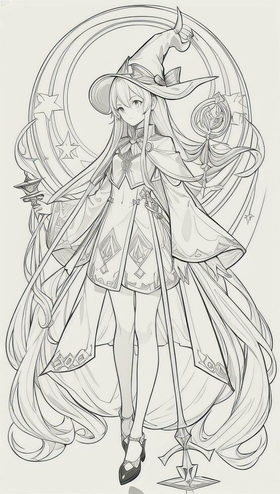 AI generated Anime Wizard Girl Line Art Drawing Sketch Black and White Simple Background photo