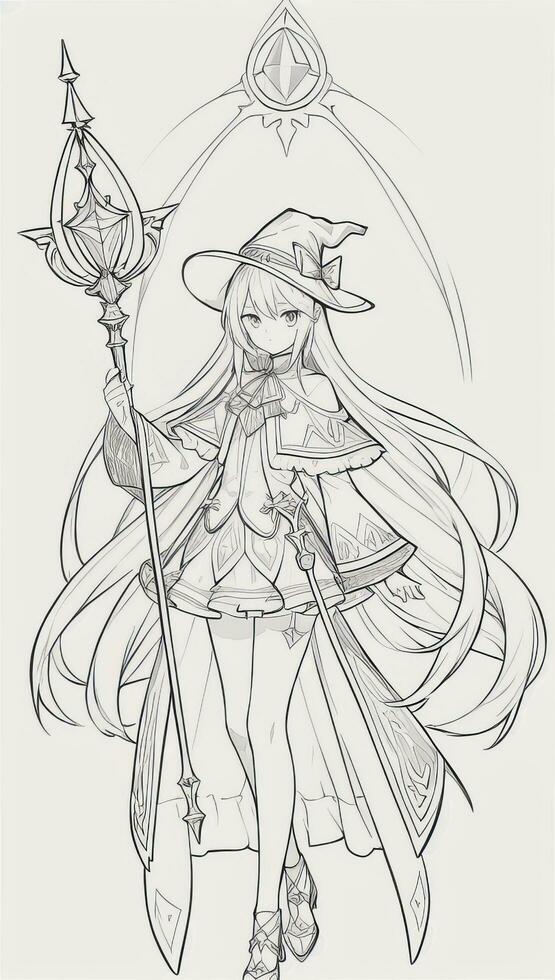 AI generated Anime Wizard Girl Line Art Drawing Sketch Black and White Simple Background photo