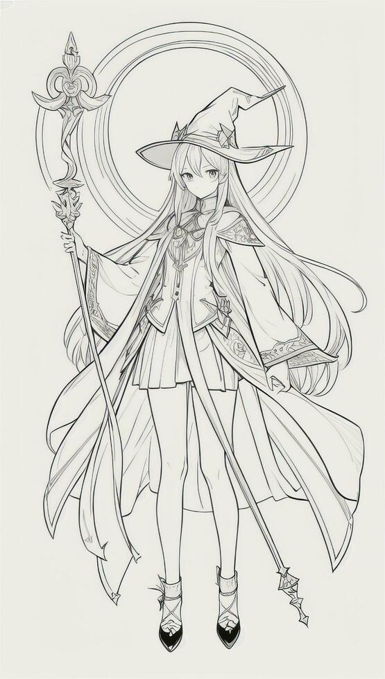 AI generated Anime Wizard Girl Line Art Drawing Sketch Black and White Simple Background photo