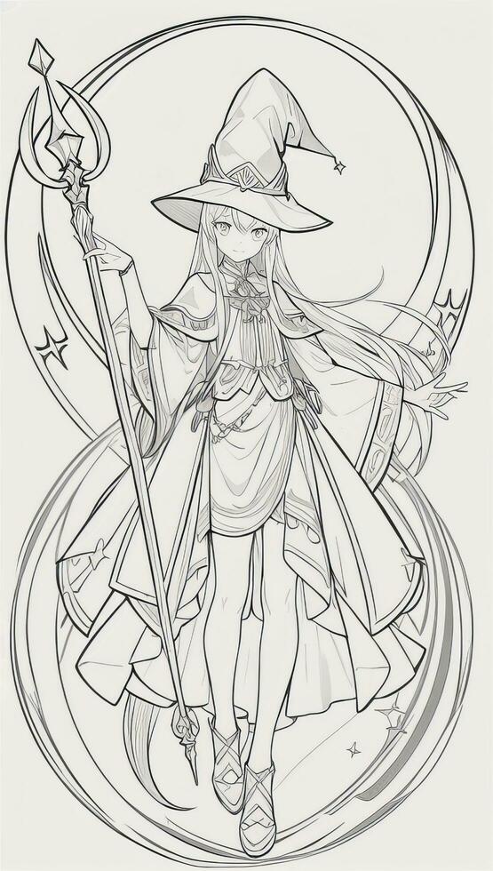 AI generated Anime Wizard Girl Line Art Drawing Sketch Black and White Simple Background photo