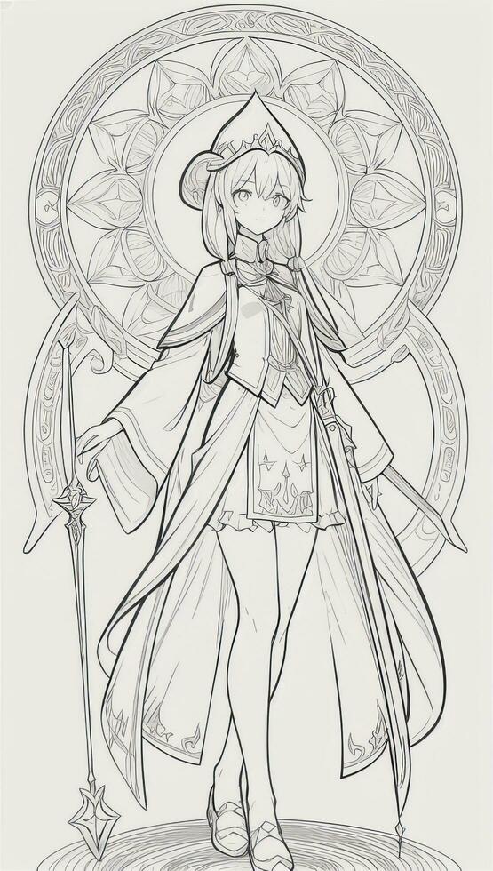 AI generated Anime Wizard Girl Line Art Drawing Sketch Black and White Simple Background photo