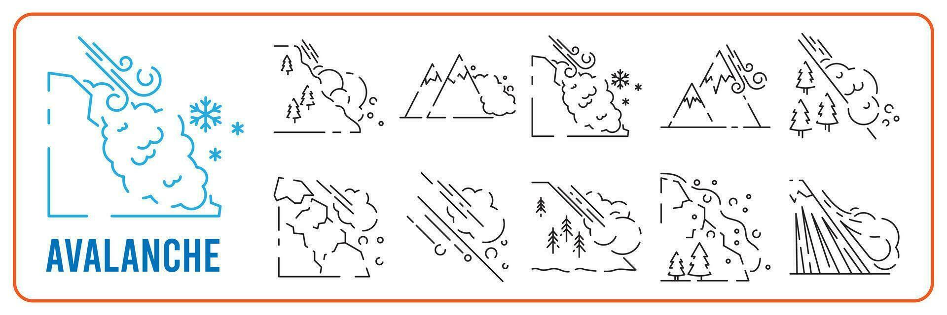 Snow natural avalanche or snow slide disaster line icon set. Winter vector white background.