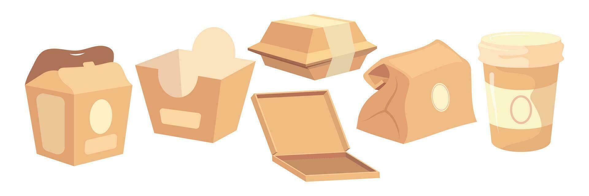 Takeaway food paper packaging. Fast food containers. Delivery pack. Blank 3D cardboard boxes, bags, or cups mockup. Ziplock sachet. Meal wrapper. Coffee mug. vector