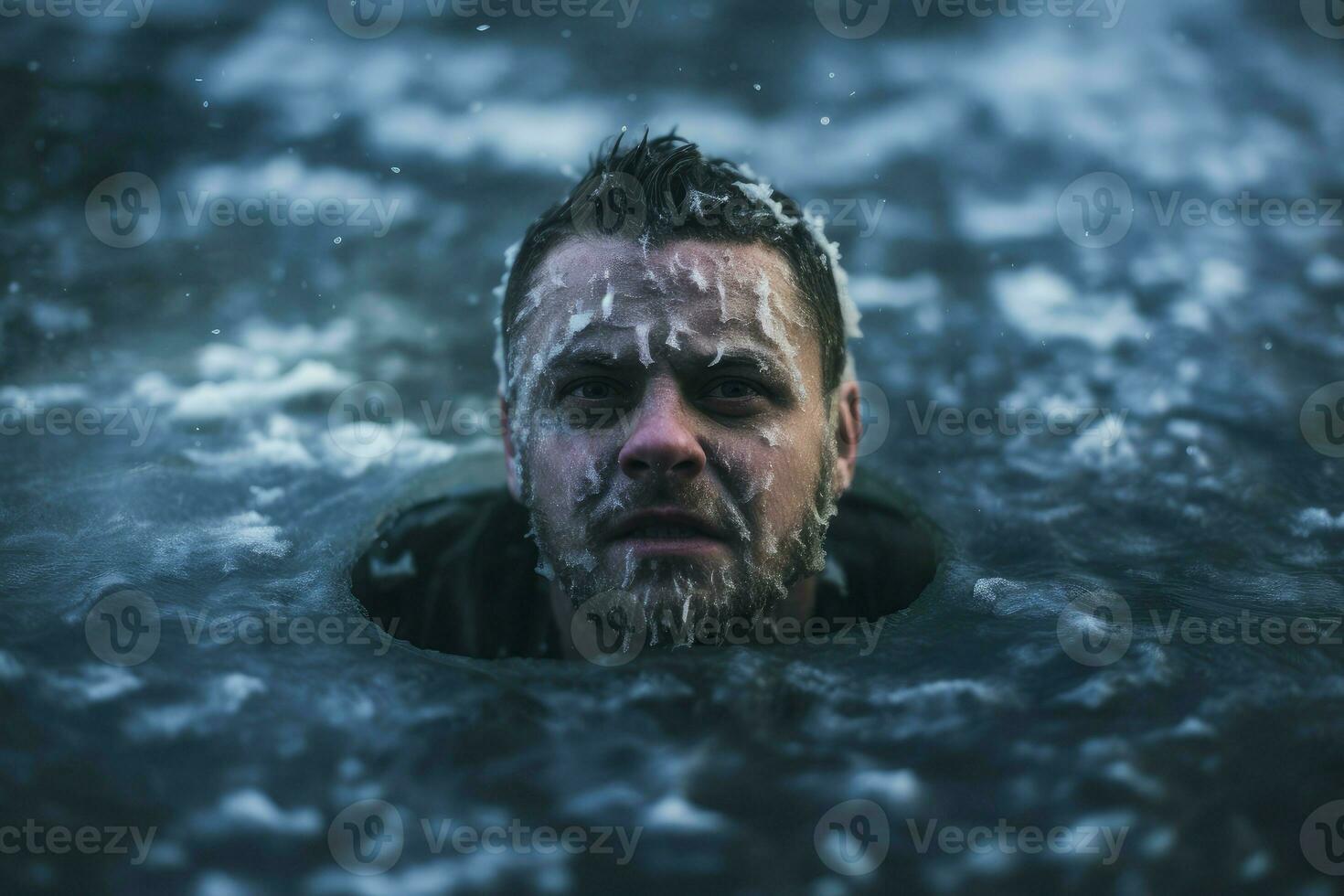 AI generated Daring Man immersing in icy water on winter day. Generate Ai photo