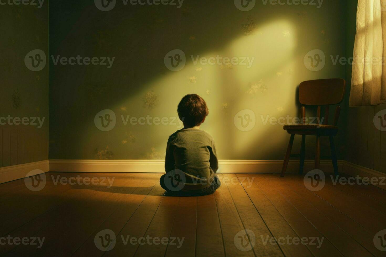 AI generated Contemplative Little boy sitting alone. Generate Ai photo