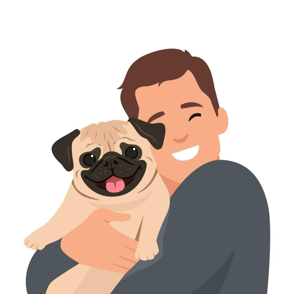 joven hombre abrazando pequeño perro mascota. sonriente chico caricias Doméstico animal. amistad Entre un hombre y mascota. linda simpático doguillo. vector