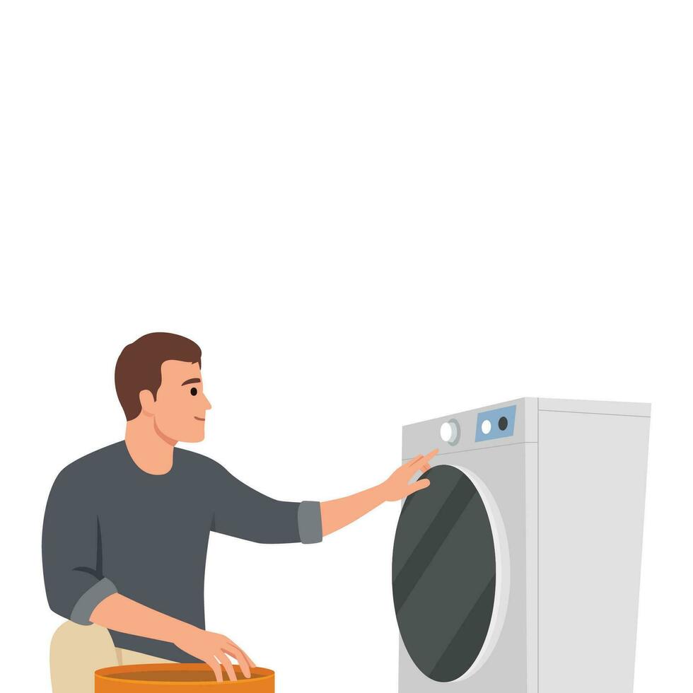 Man Wash the Clothes with Washing Machine. vector