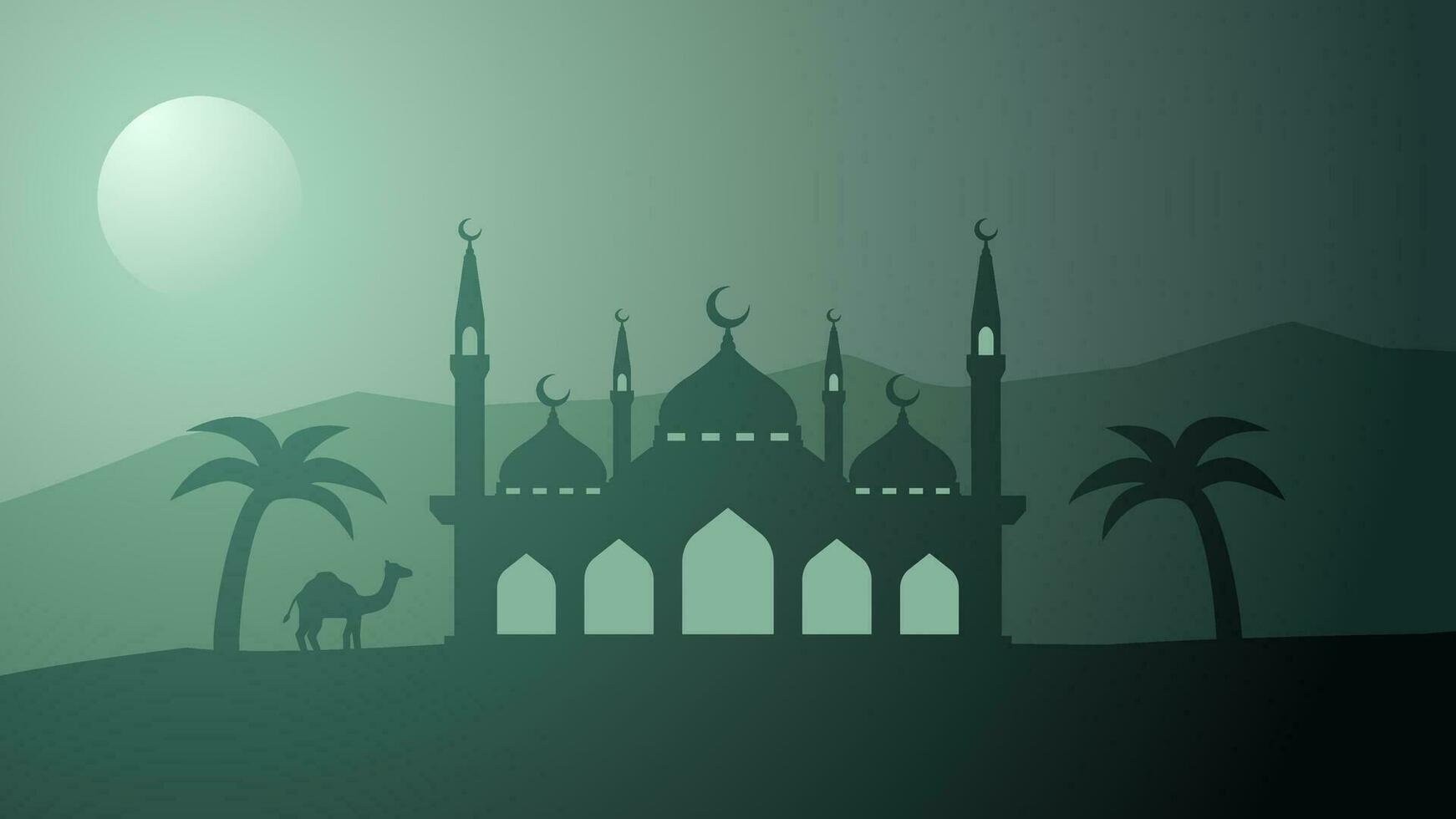 Ramadán paisaje silueta en el noche vector ilustración. Ramadán paisaje diseño gráfico en musulmán cultura y islam religión. mezquita paisaje ilustración, antecedentes o fondo de pantalla