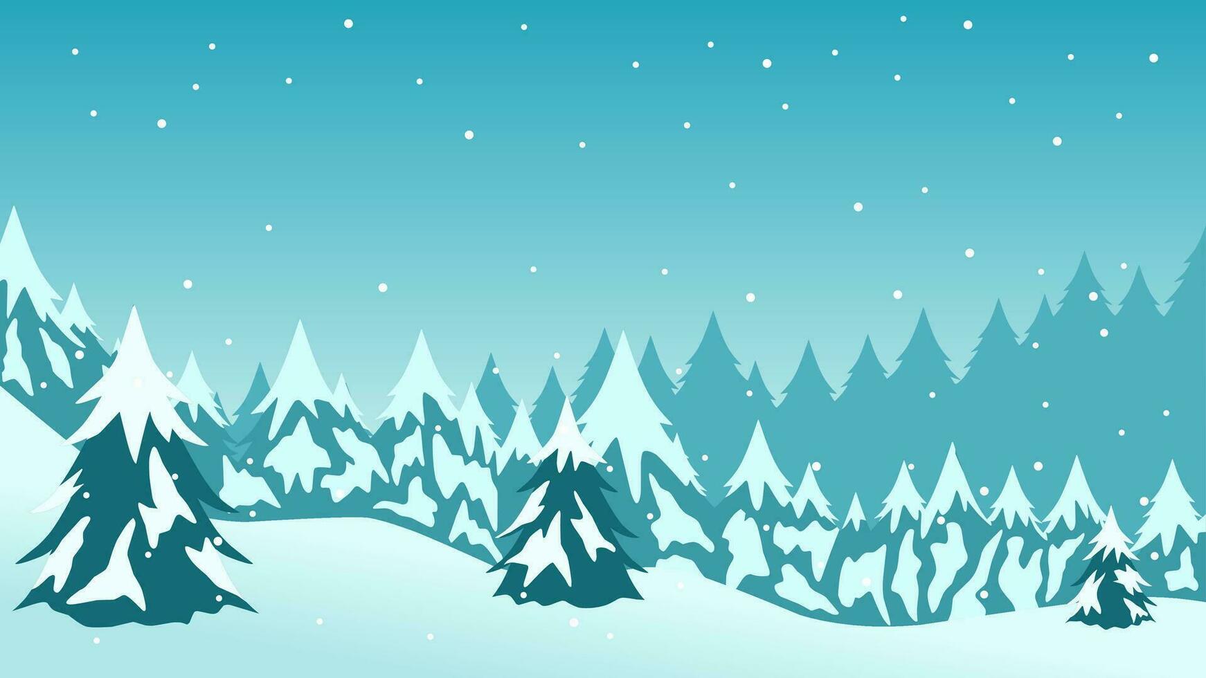 Winter pine forest landscape vector illustration. Silhouette of snow covered coniferous in cold season. Snowy pine forest landscape for background, wallpaper or christmas