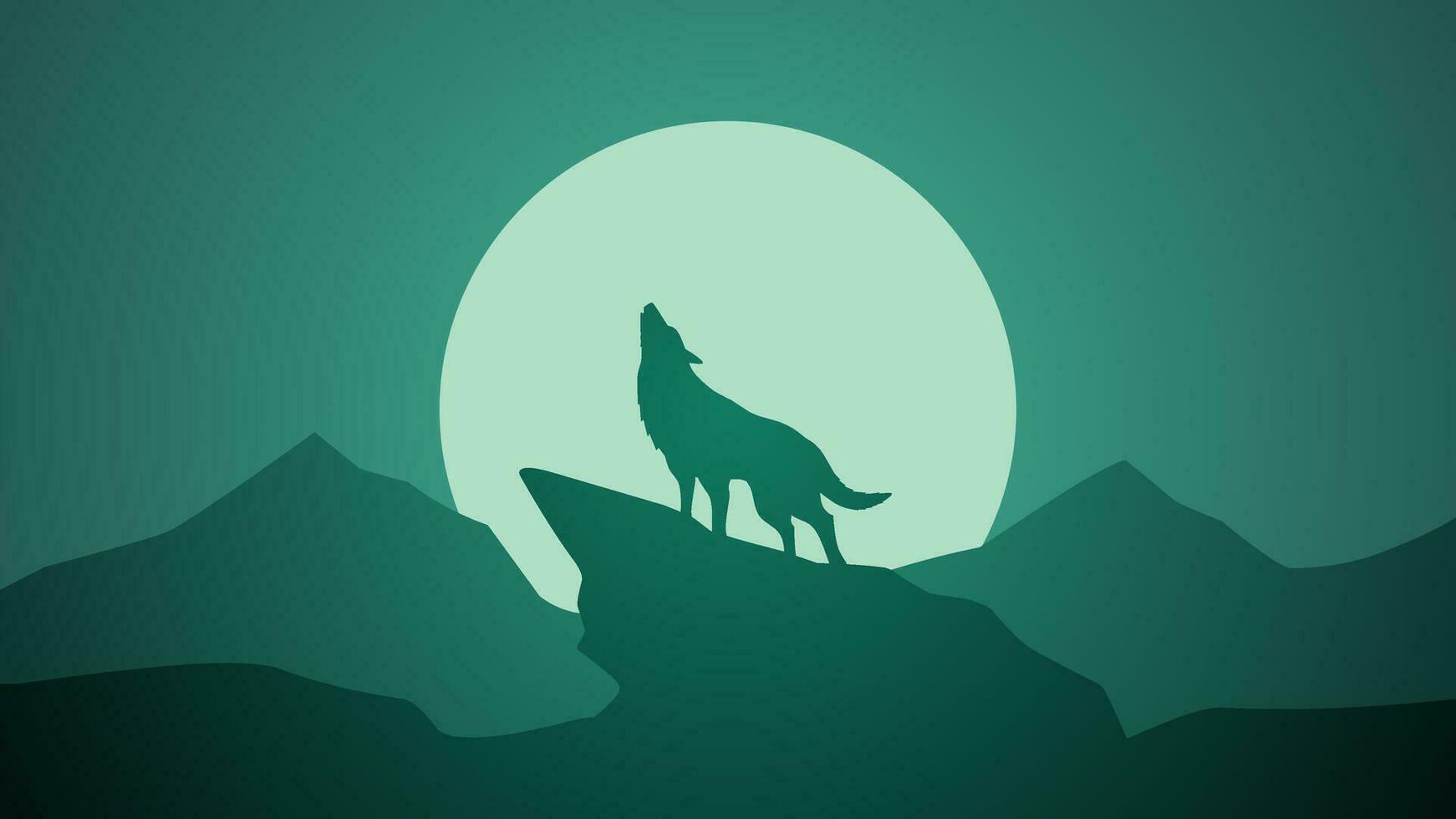 Wildlife wolf landscape vector illustration. Silhouette of wolf howling at full moon night. Wildlife wolf landscape for illustration, background or wallpaper