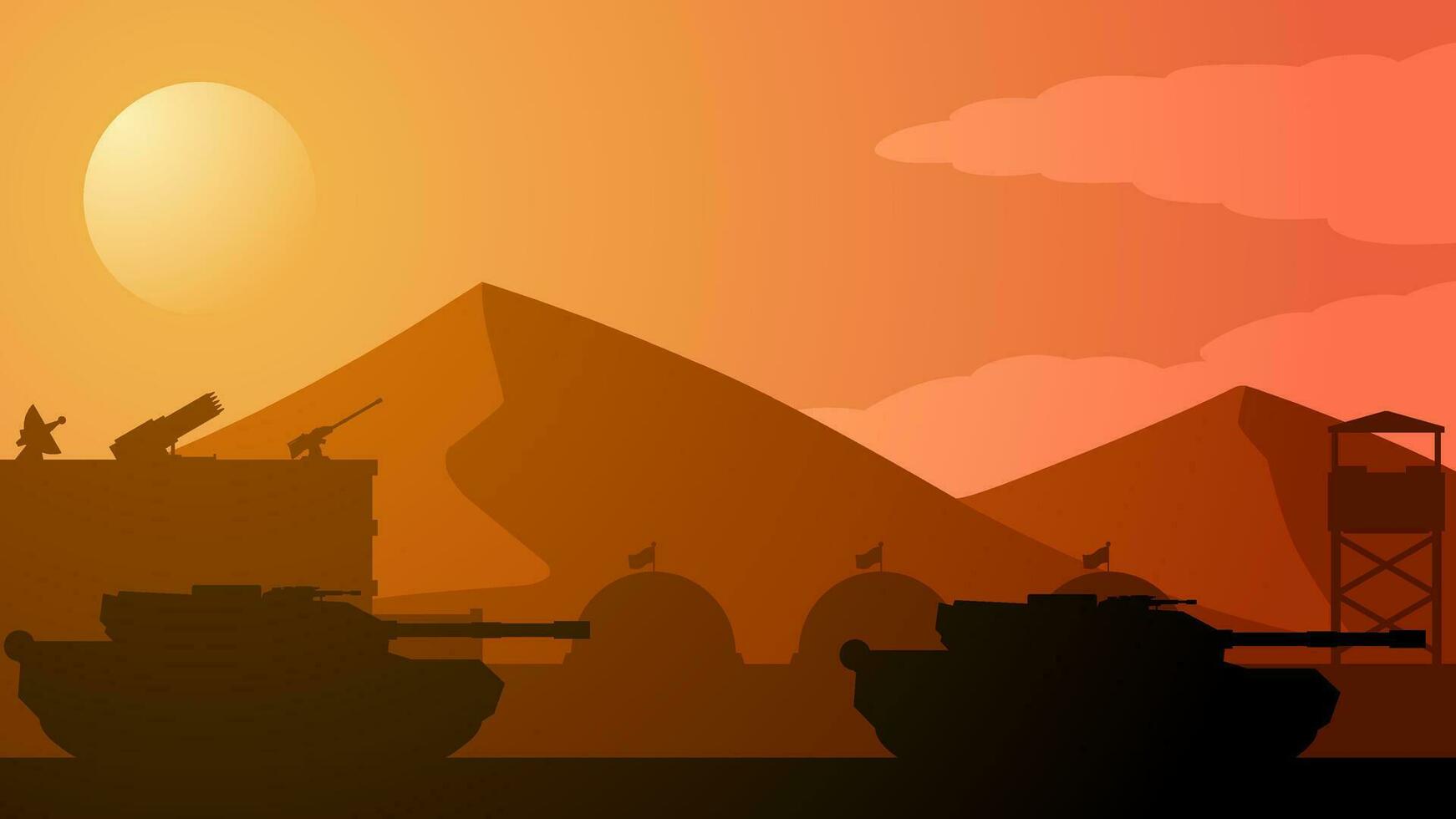 Military base landscape vector illustration. Silhouette of at military base with tank and barracks. Military landscape for background, wallpaper or illustration. Barrack army and turret gun