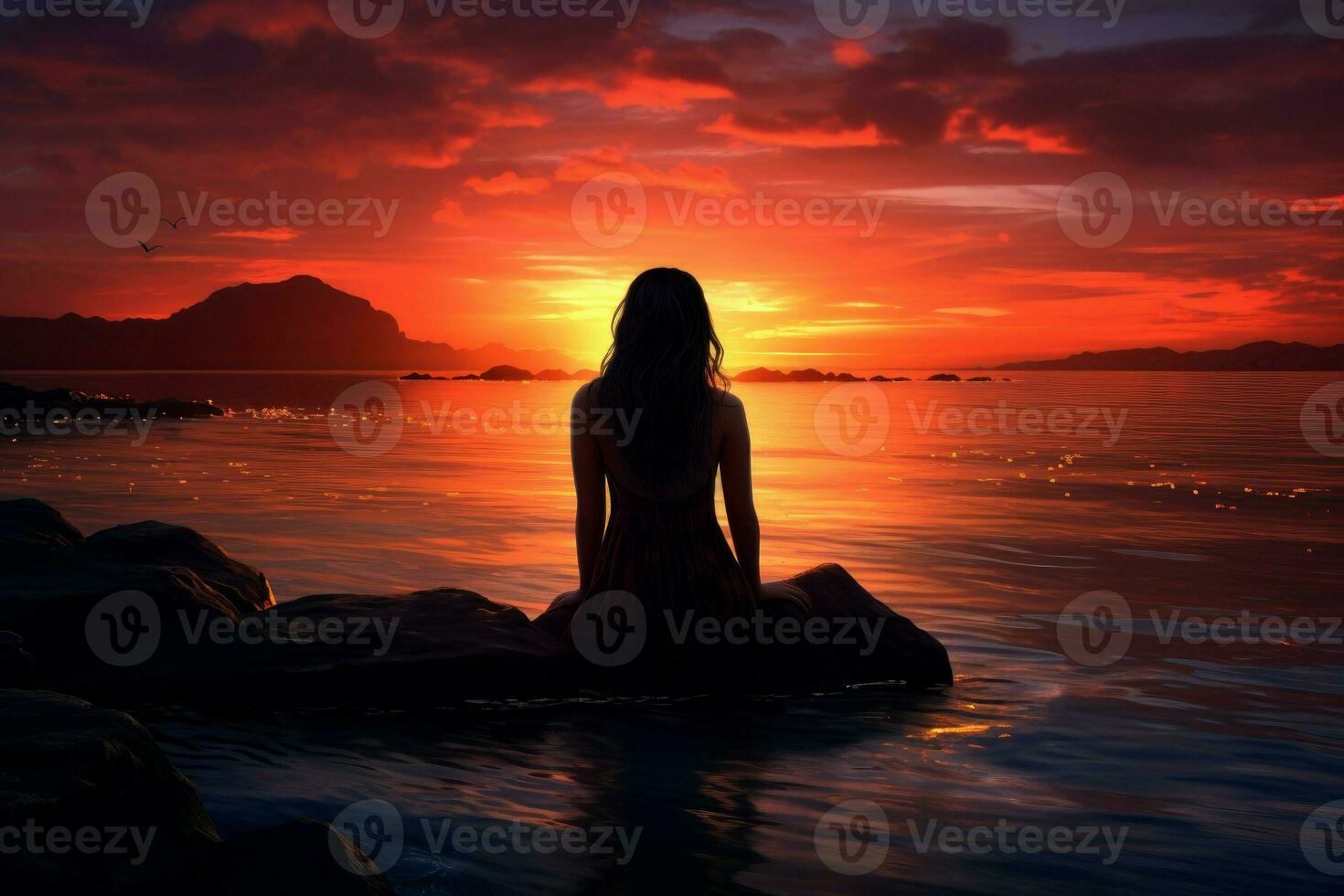 AI generated Wistful Lonely girl sunset. Generate Ai photo