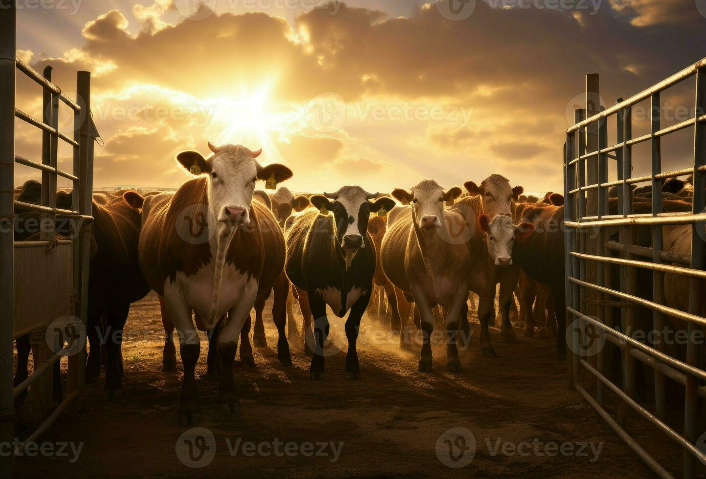 AI generated Fenced Black and white cows in livestock pen. Generate ai photo