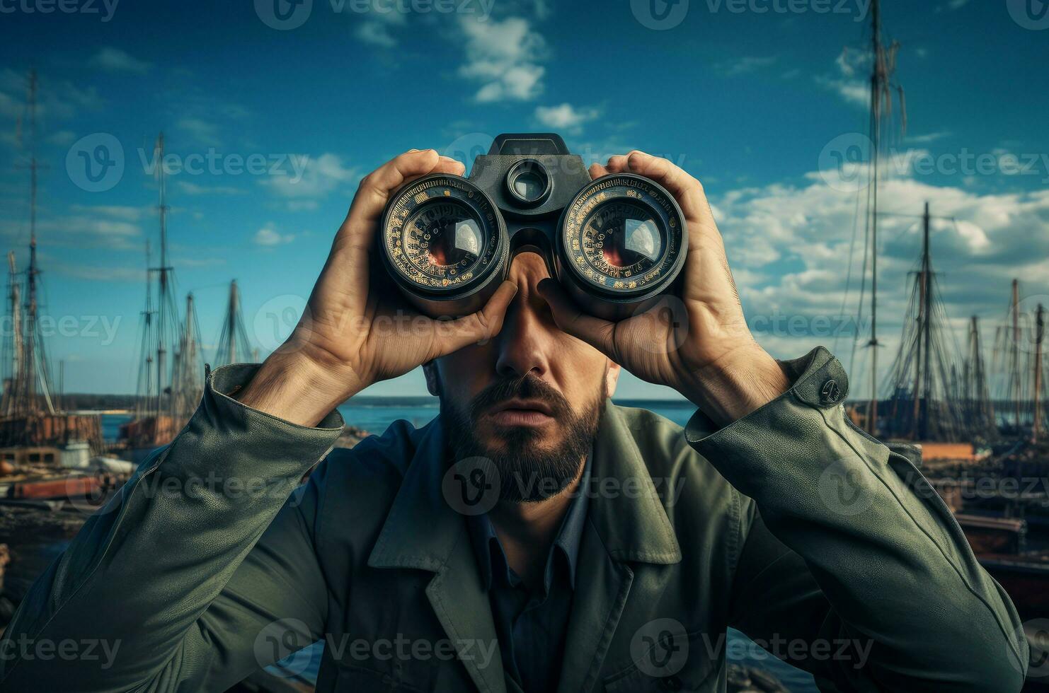 AI generated Engrossed Man carefully look binoculars. Generate Ai photo