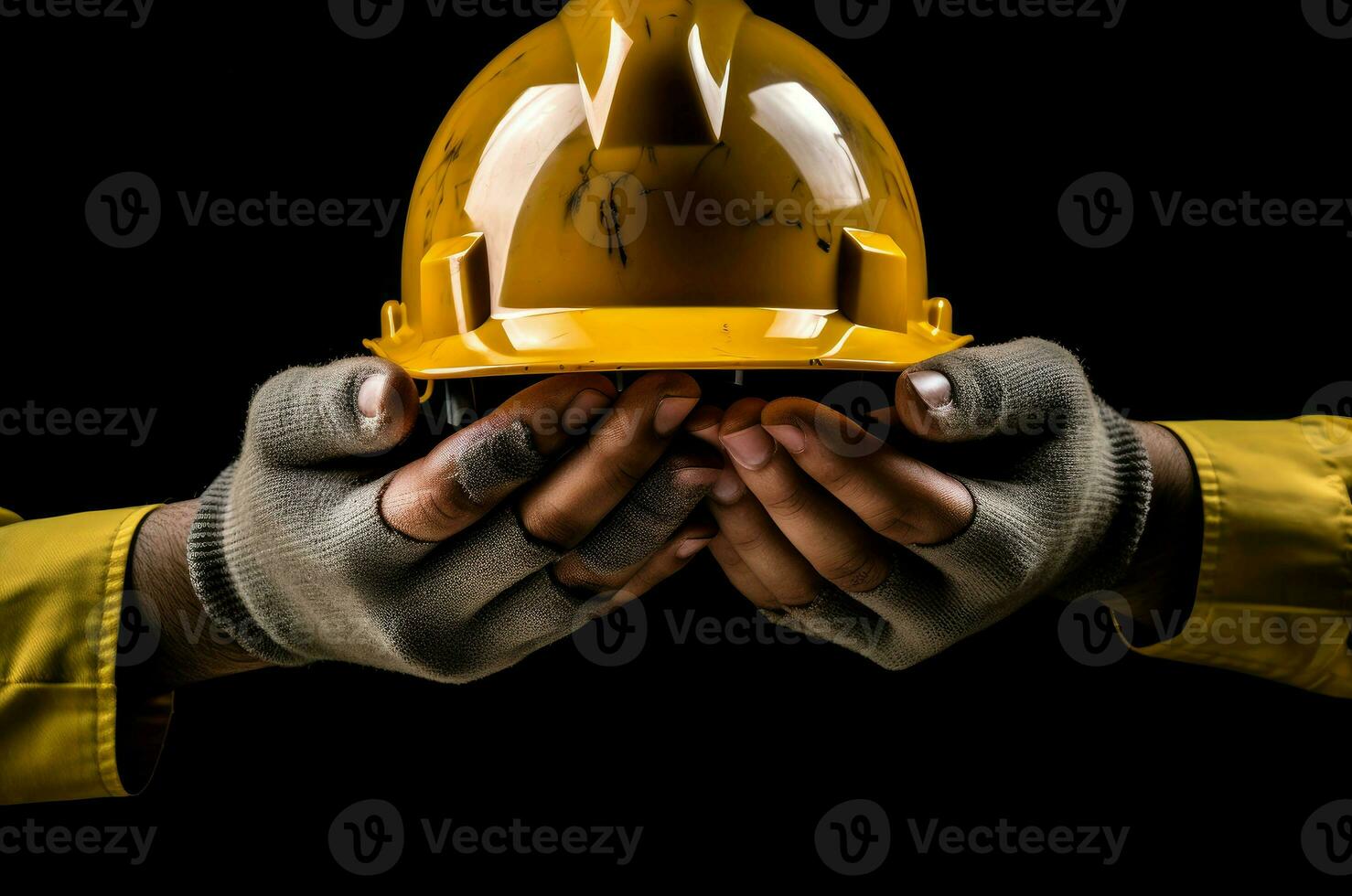 AI generated Reliable Male hand with yellow helmet. Generate Ai photo