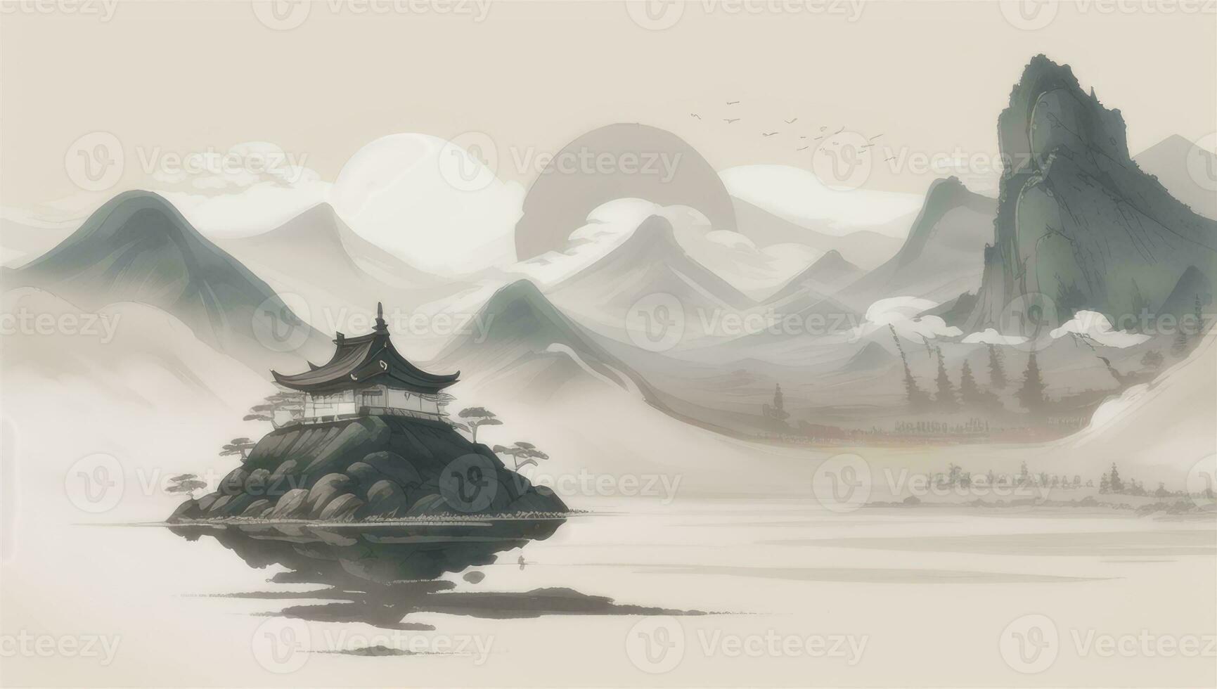 AI generated Chinese Landscape Mountain Nature Painting Ink photo
