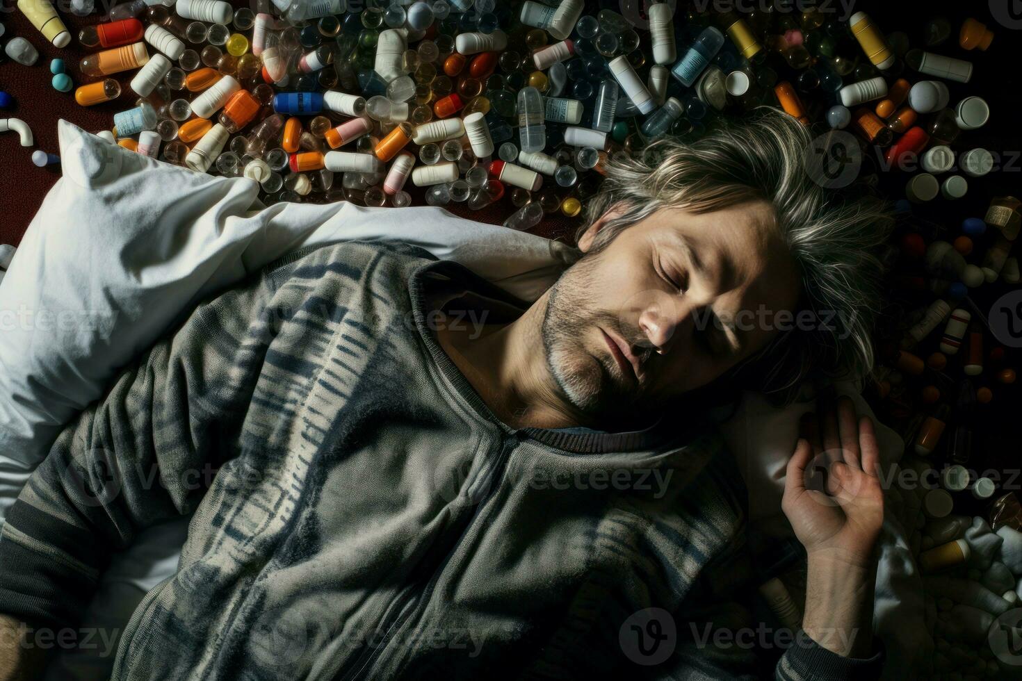 AI generated Unconscious Man sleeping on medicine pills. Generate ai photo