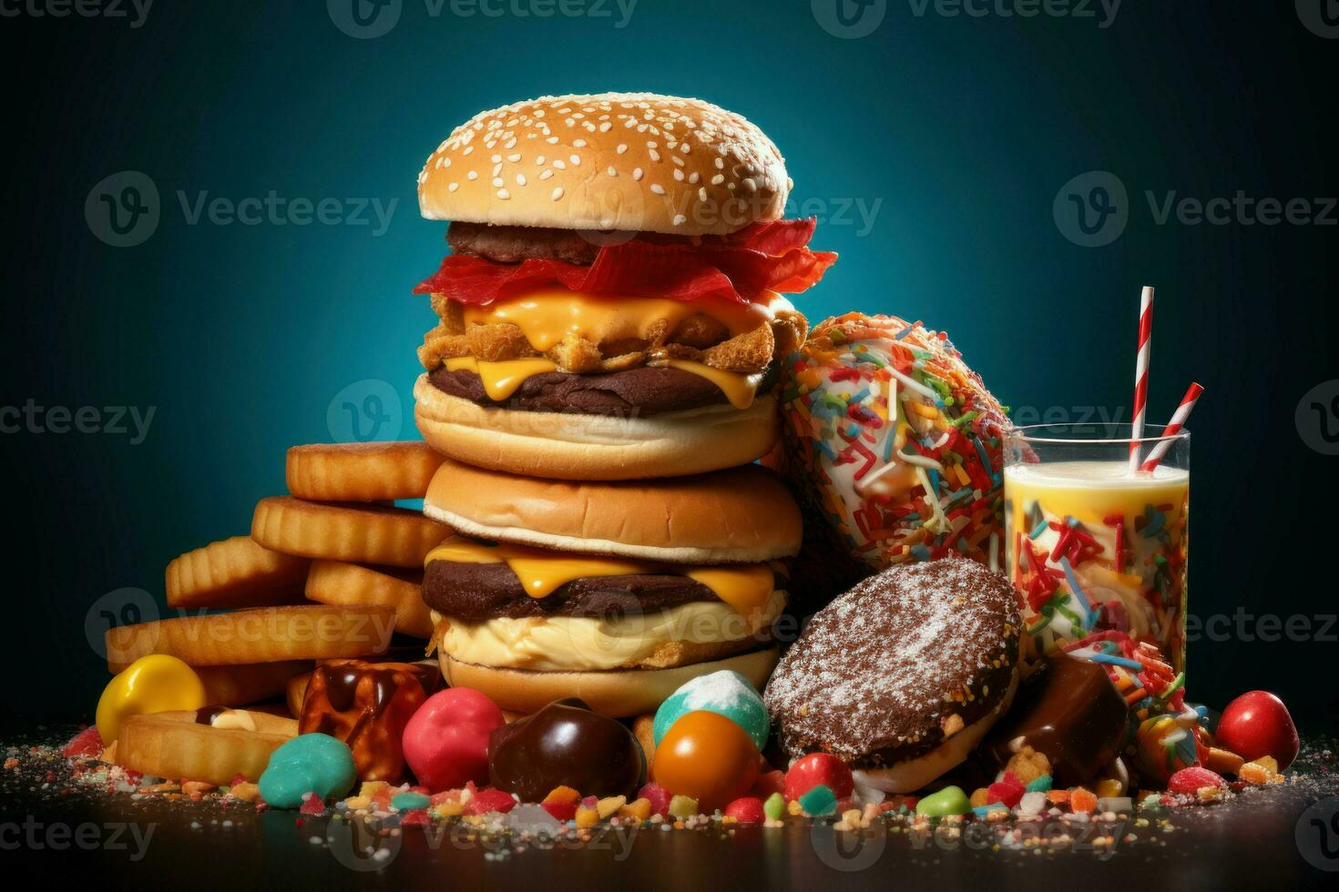 AI generated Tempting Junk sweet food plate. Generate Ai photo