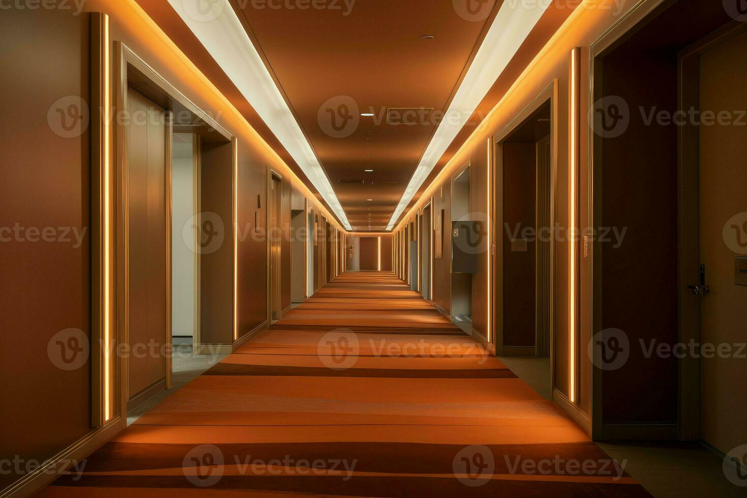 AI generated Elongated Interior long hotel corridor. Generate Ai photo