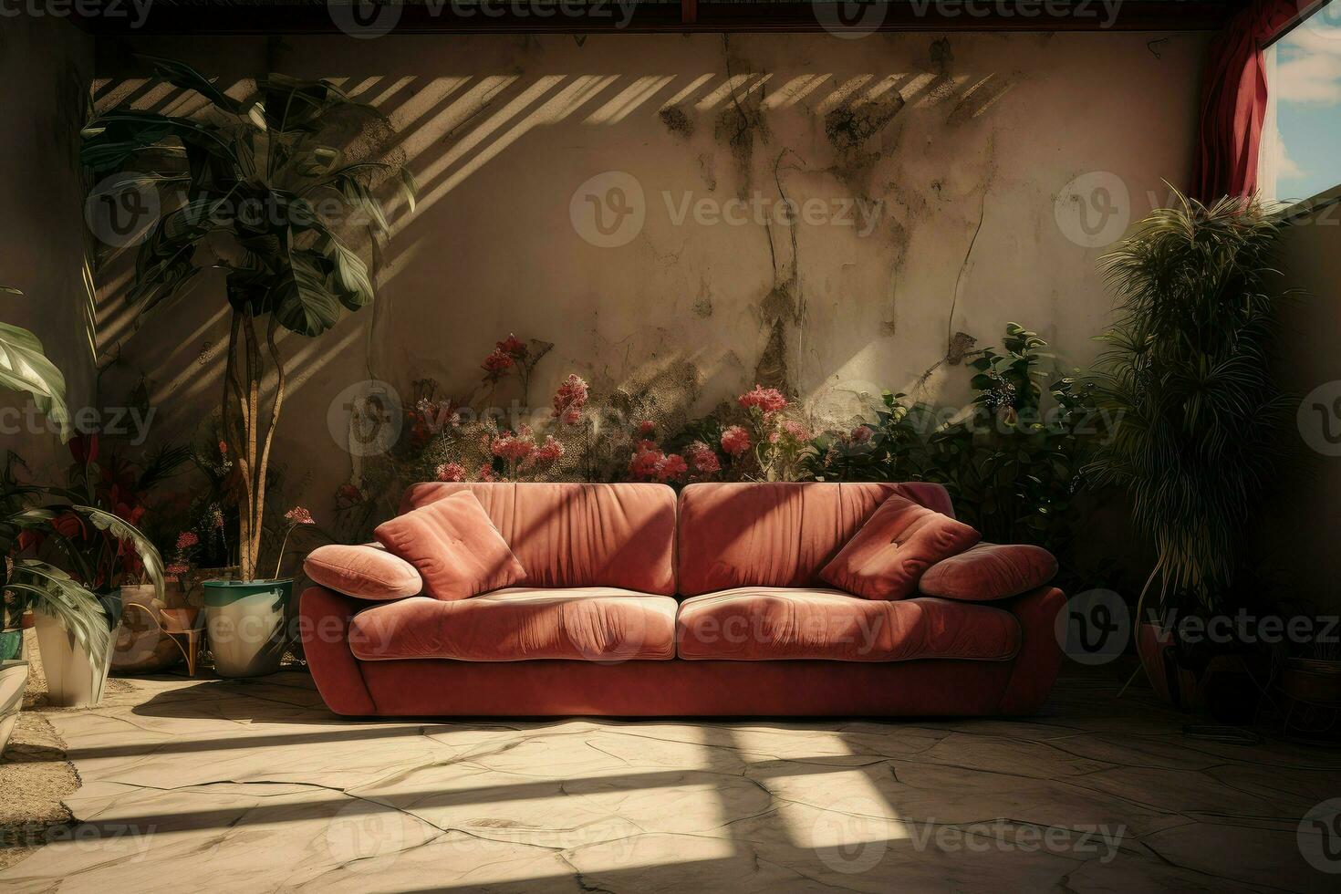 AI generated Inviting Indoors sofa outside round carpet. Generate Ai photo