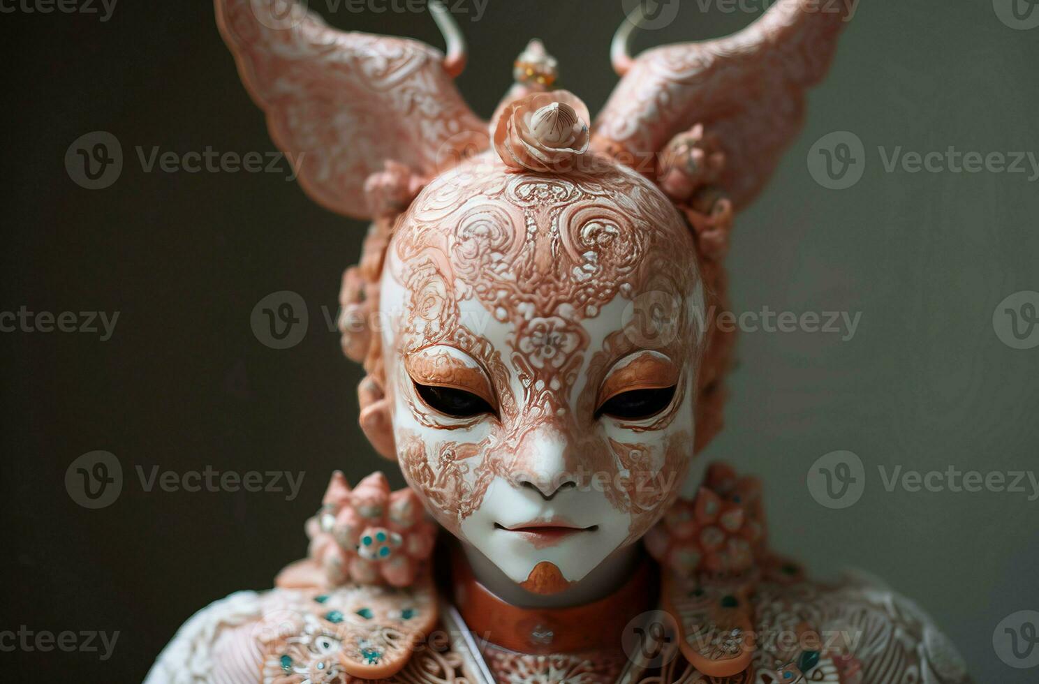 AI generated Embroidered rose coral kitsune masked female with big ears. Generate ai photo