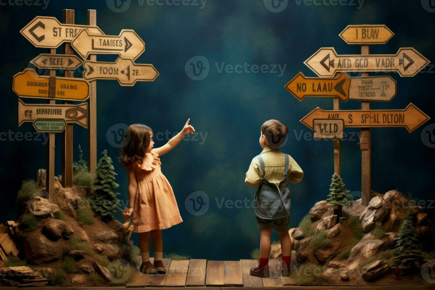 AI generated Innocent Little children playing with set of wooden road. Generate Ai photo