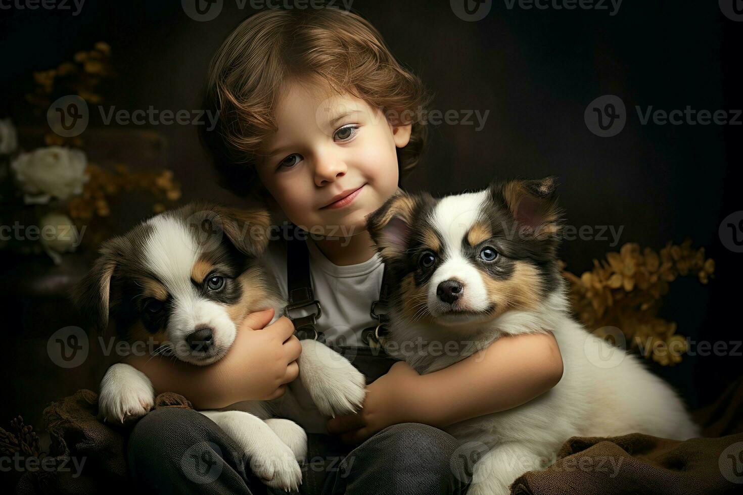 AI generated Endearing Little boy cute puppy. Generate Ai photo