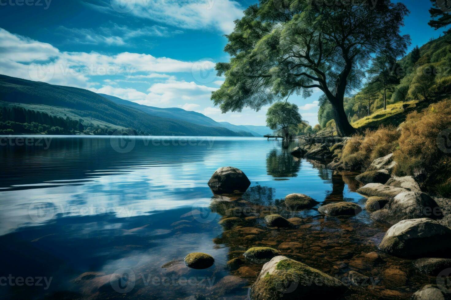 AI generated Loch ness lake. Generate Ai photo