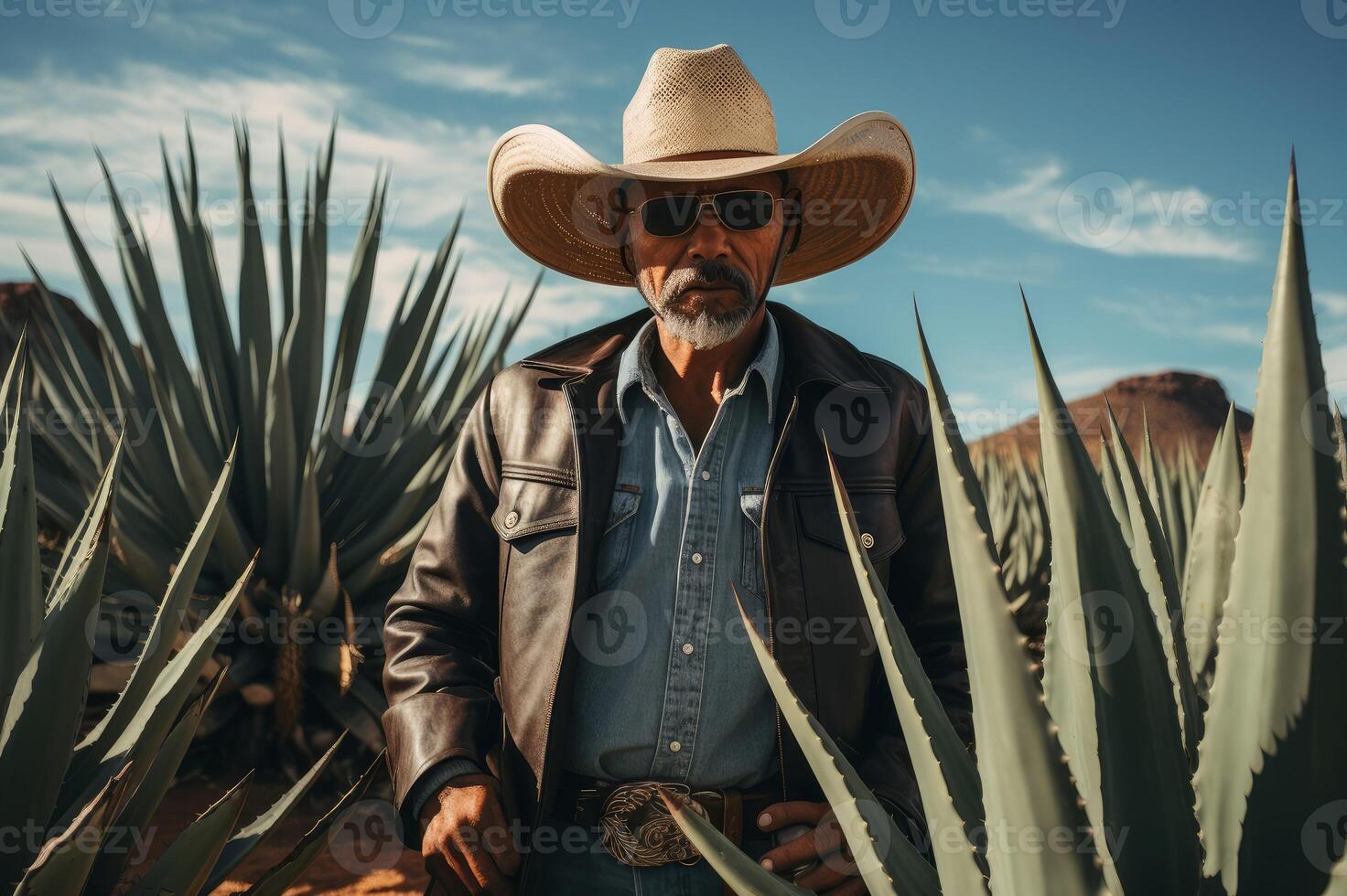 AI generated Hardy Man cowboy agave field desert. Generate Ai photo