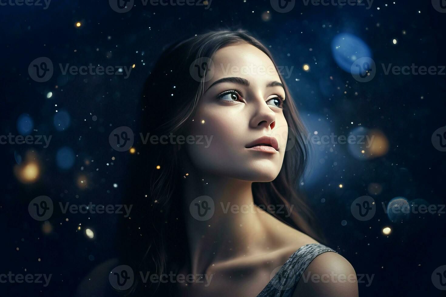 AI generated Girl looking away in studio starry sky. Generate ai photo