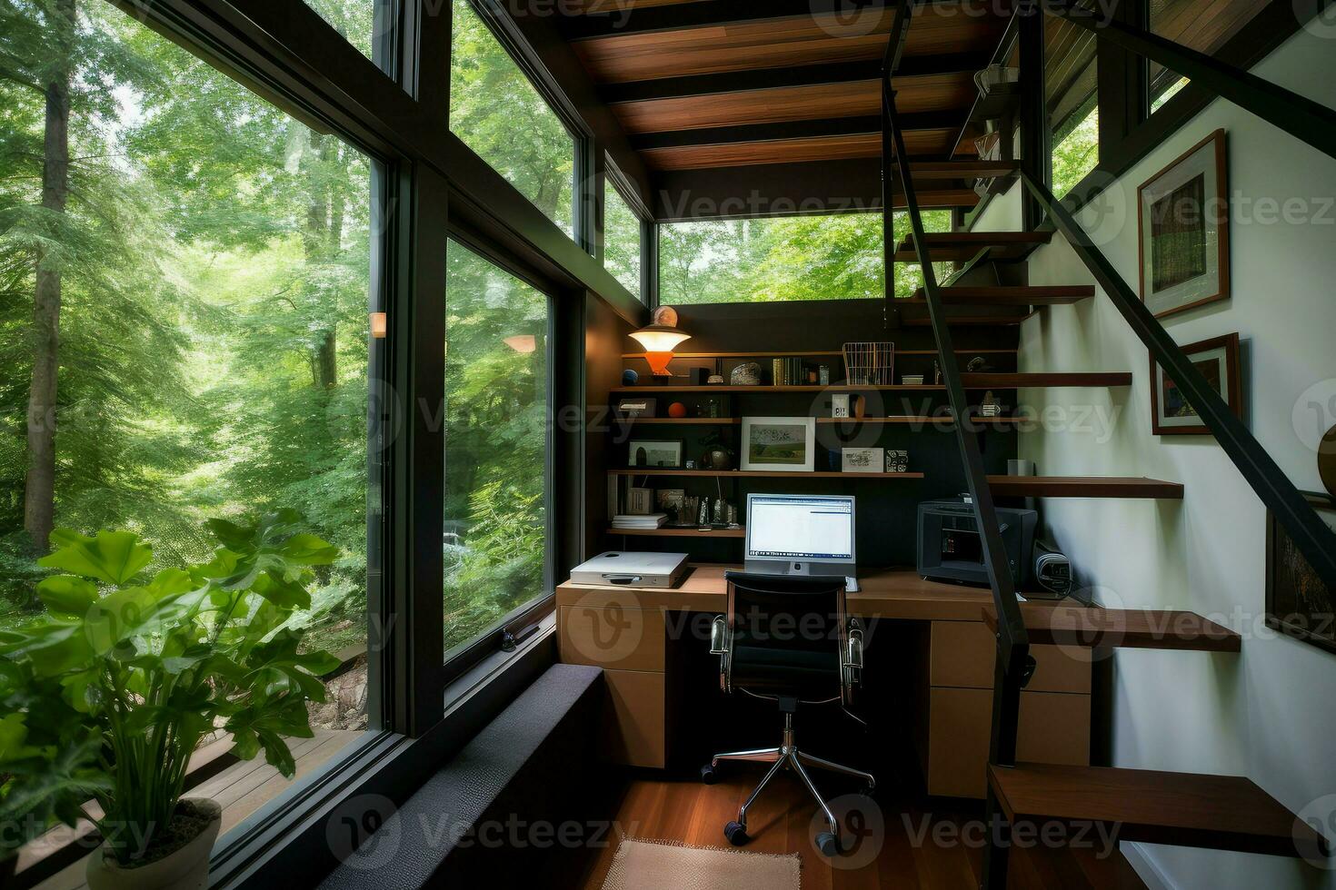 AI generated Well-lit Home office second floor. Generate Ai photo