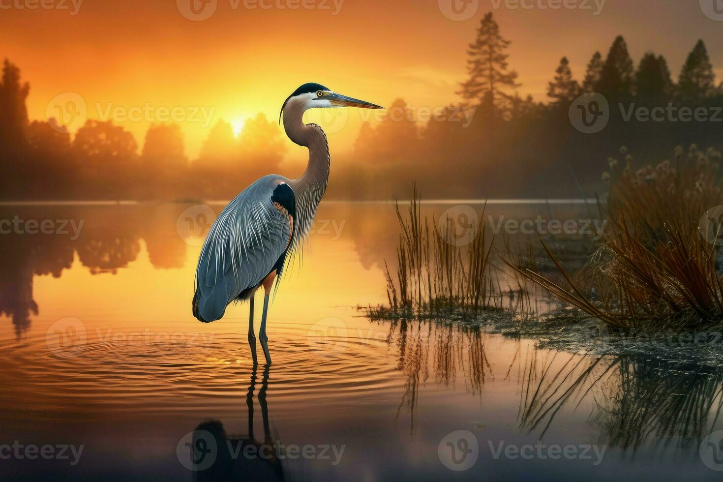 AI generated Radiant Heron lake sunset. Generate Ai photo